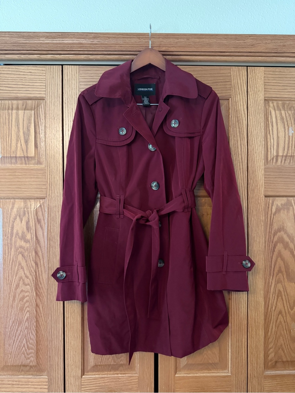 London Fog Women's Wine Red Trench Coat with Waist Tie